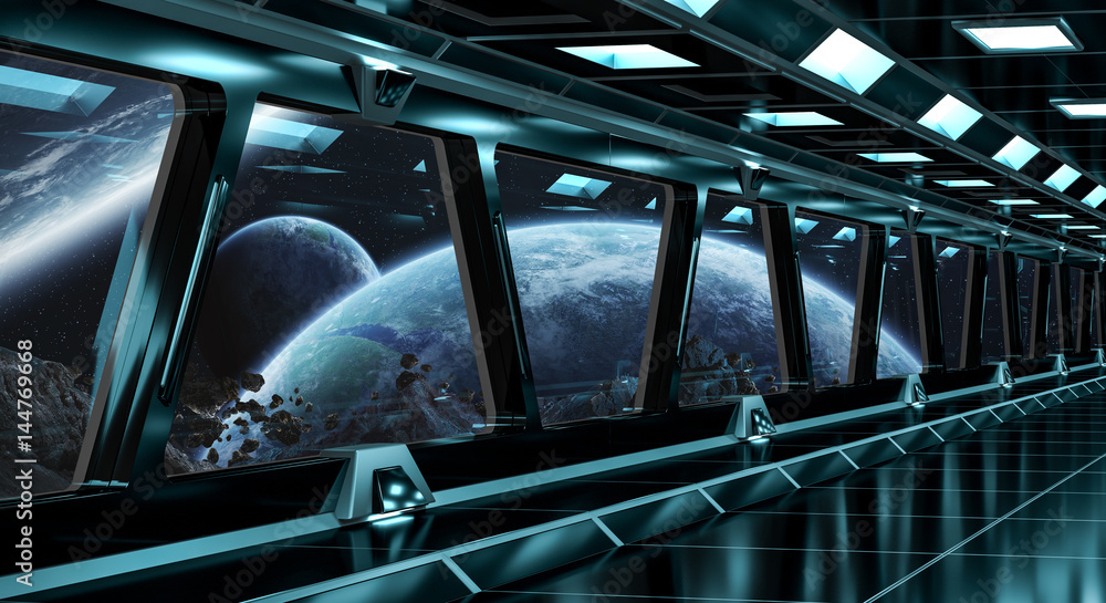 太空船走廊，可看到遥远的行星系统，提供了该图像的3D渲染元素