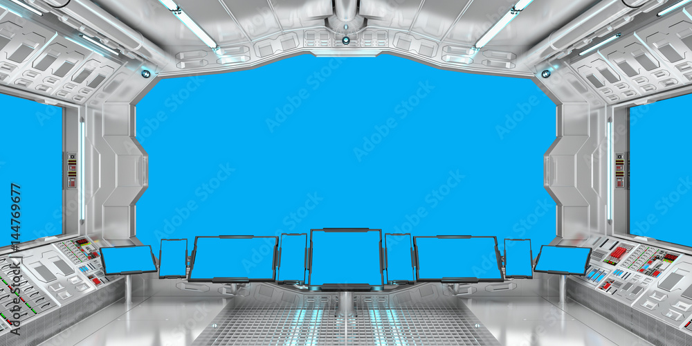 太空船内部，蓝色窗口3D渲染视图