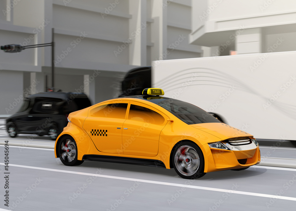 黄色出租车通过十字路口。3D渲染图像。