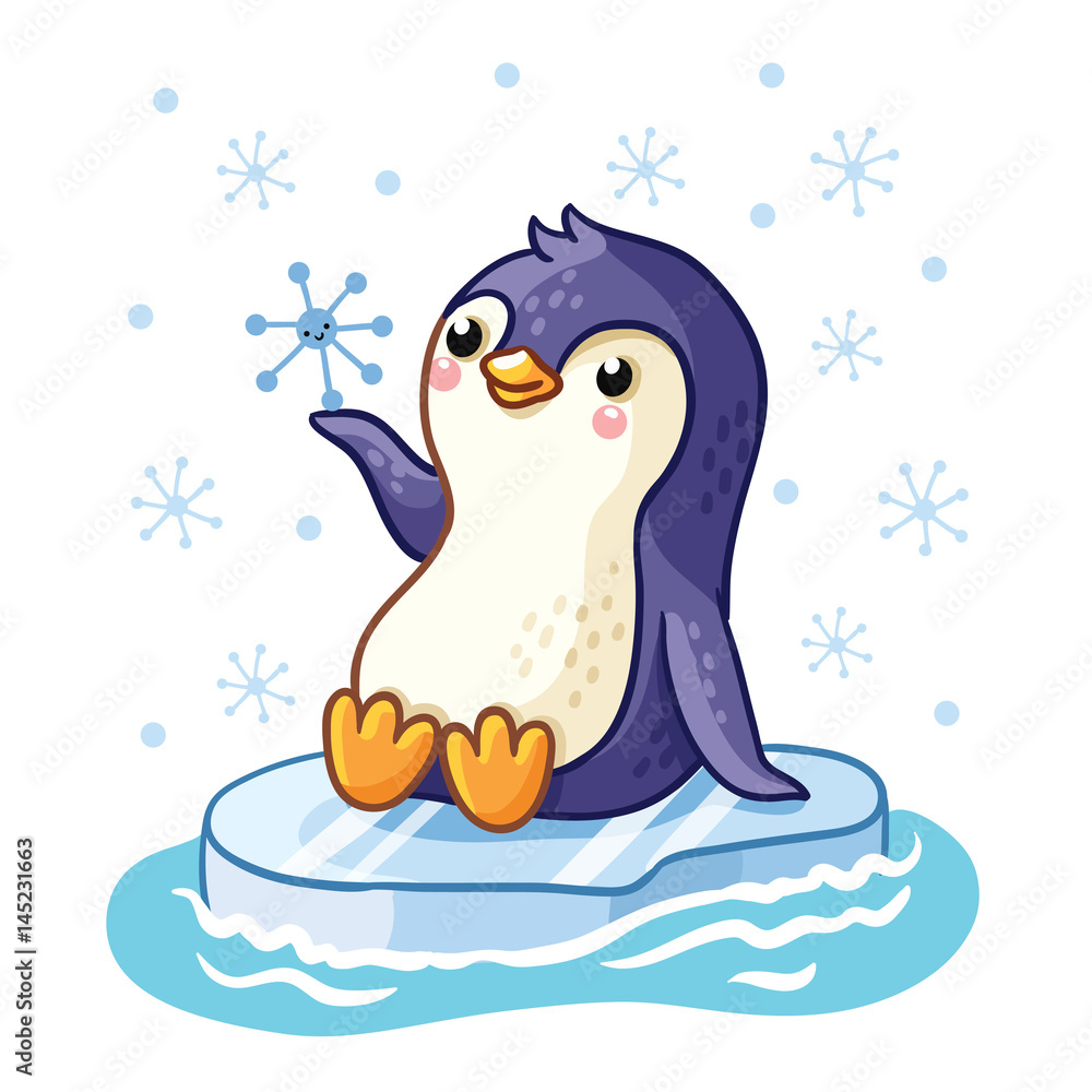 浮冰上的企鹅漂浮在海上。儿童风格的北极动物矢量图