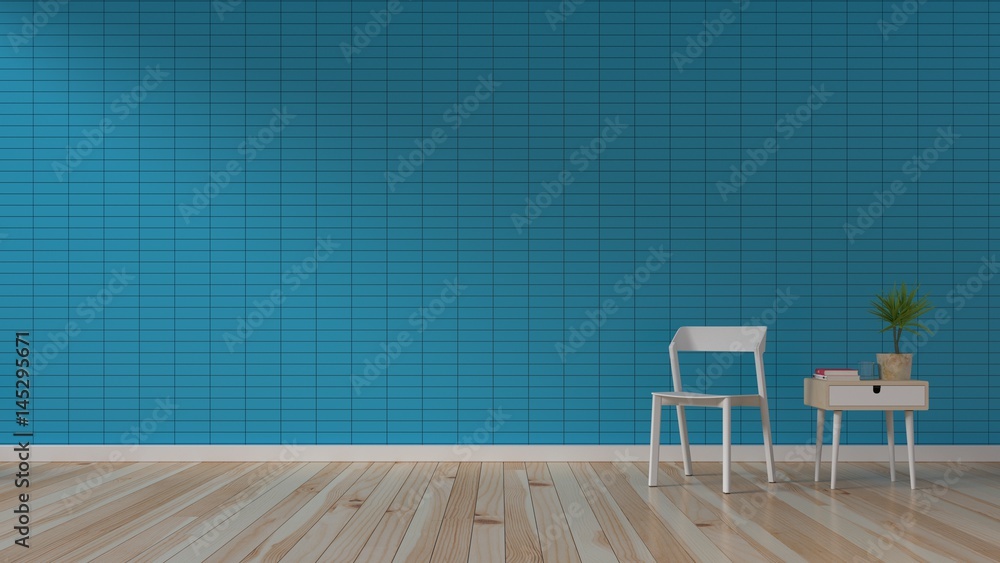 带椅子和蓝色墙壁的现代客厅，三维渲染