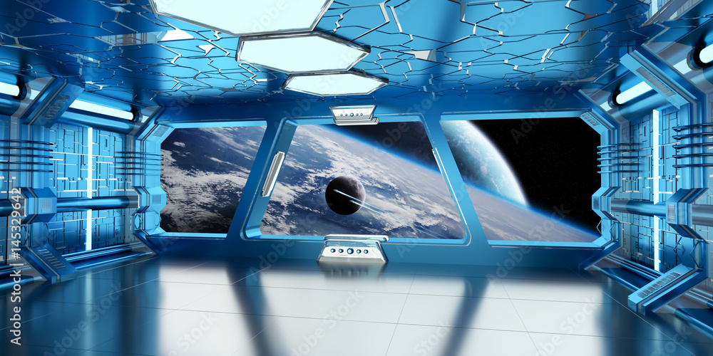 太空船内部，可看到遥远的行星系统，提供了该图像的3D渲染元素