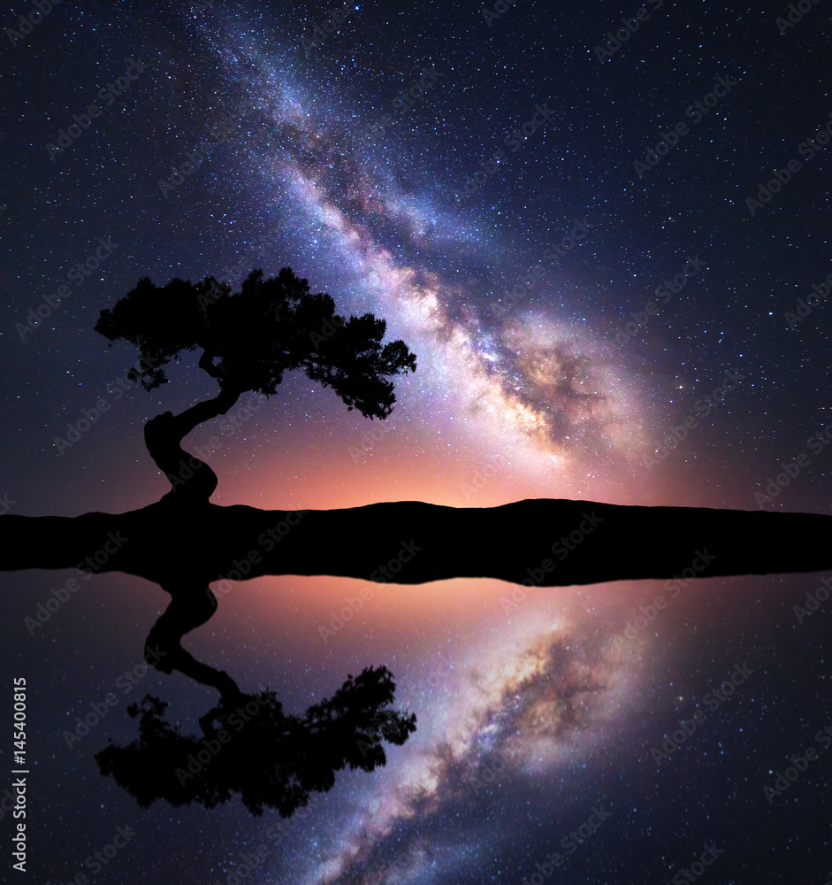 银河系，湖边山丘上有一棵孤独的树，天空在水中反射。五彩缤纷的夜澜