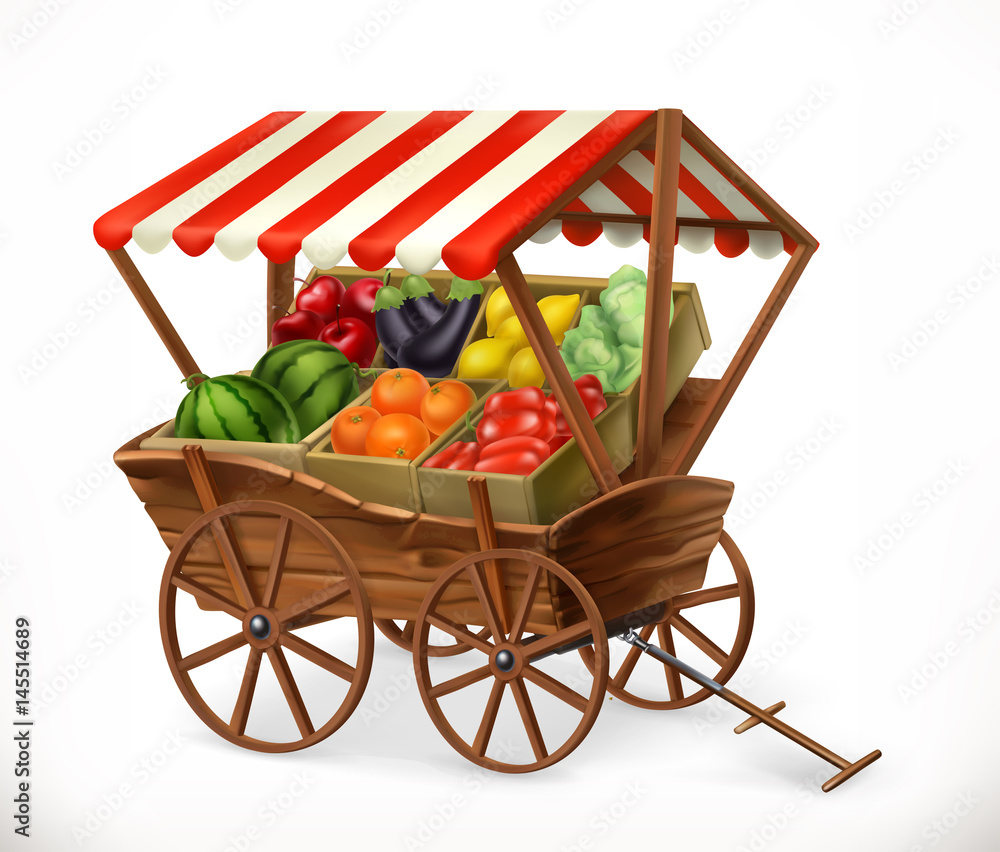 新鲜农产品市场。装有水果和蔬菜的手推车，三维矢量图标