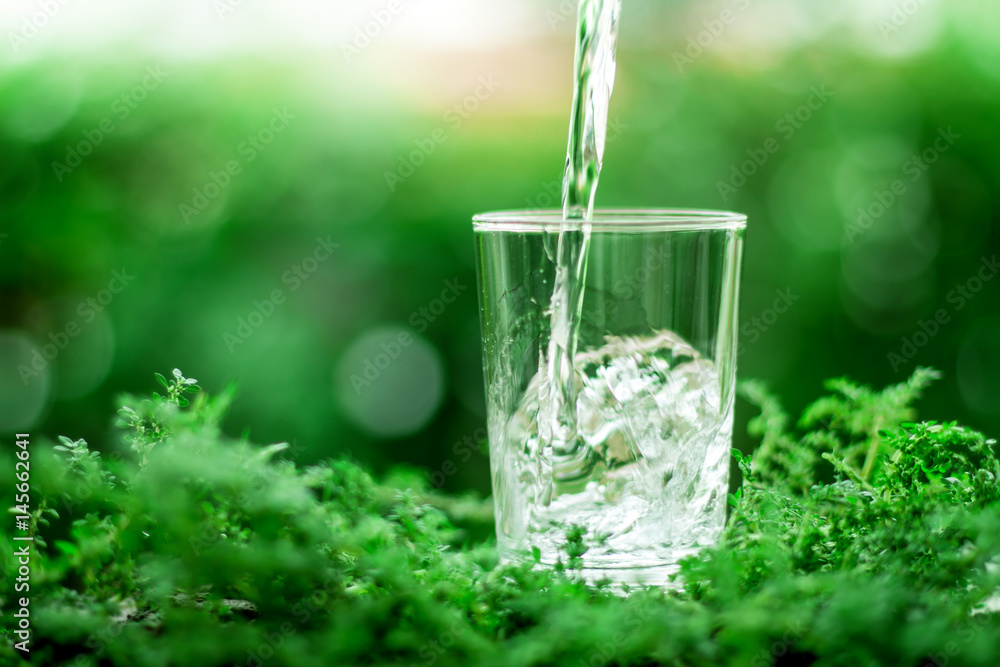一杯天然绿色背景的清凉淡水