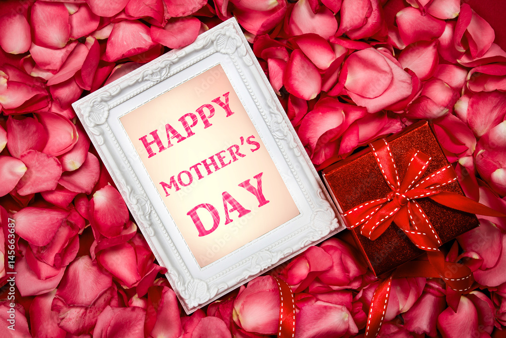Happy Mothers Day  paper card with the  sweet pink roses  petal and red gift box ,  Love on  Mother
