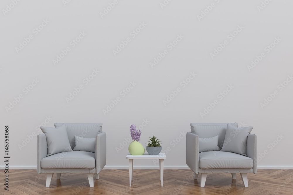 In the room with armchairs and a table for pasting wood ornament,3D rendering