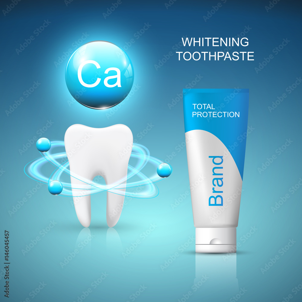 Toothpaste tube design with tooth and calcium on abstract blue background, vector template