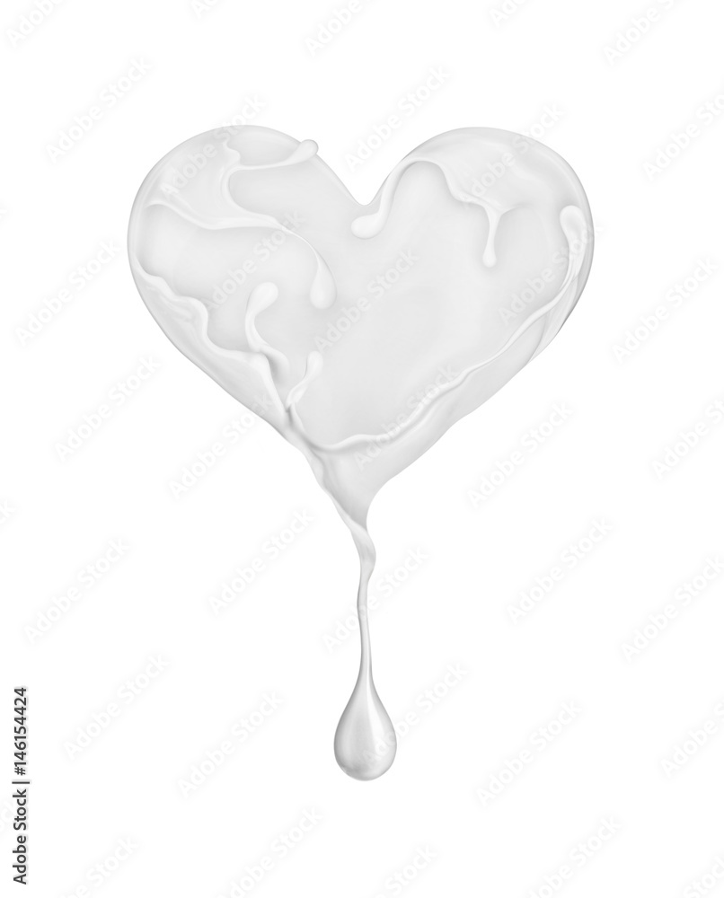 Splashes of milk in the shape of a heart with drop, isolated on white background