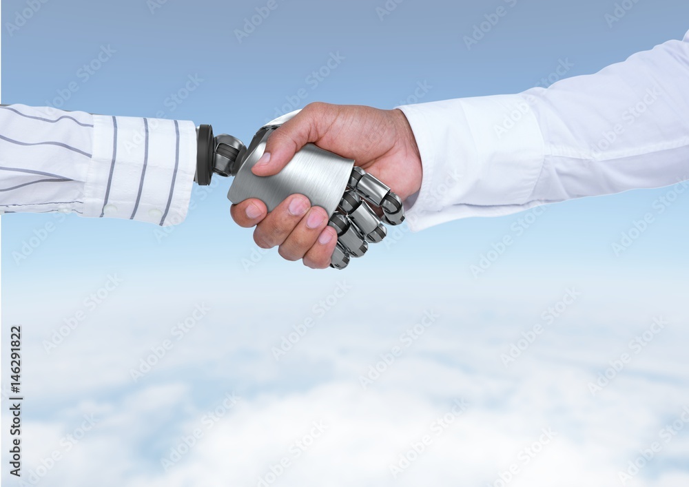 Android机器人与天空背景的商人握手