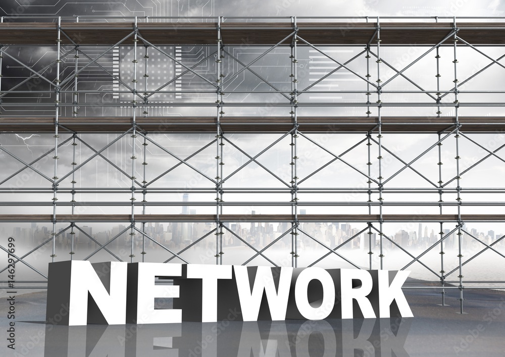 Network Text with 3D Scaffolding and technology interface sky