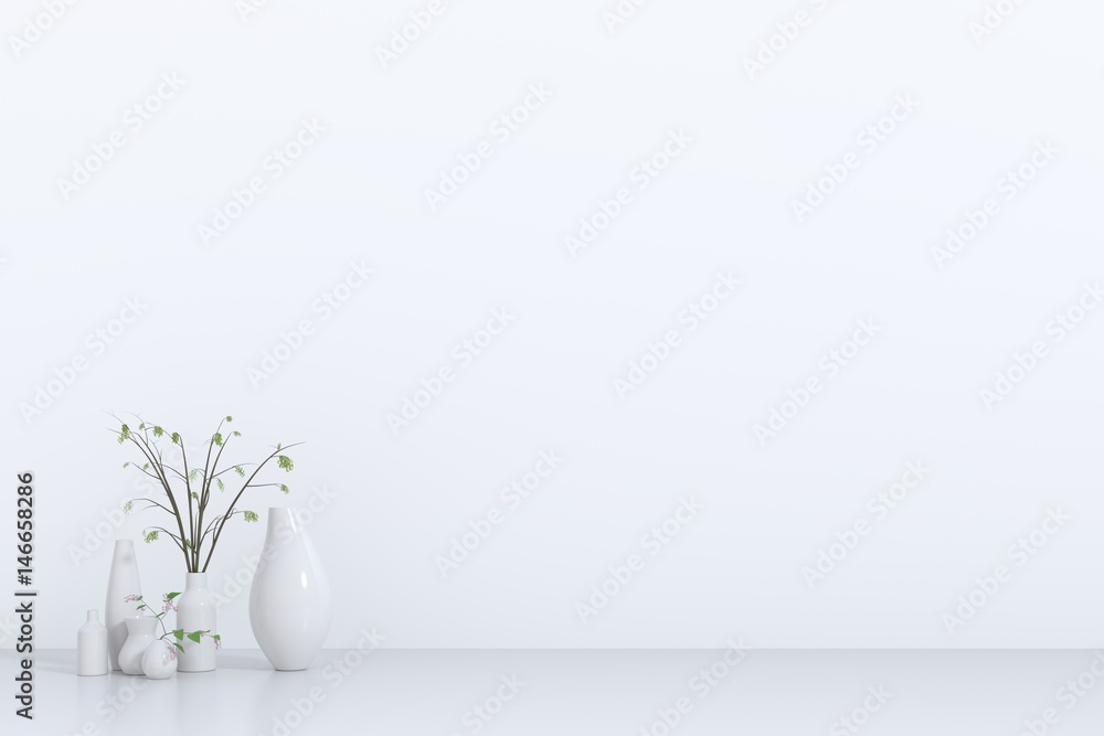 带植物的白色空房间。3d渲染，3d插图