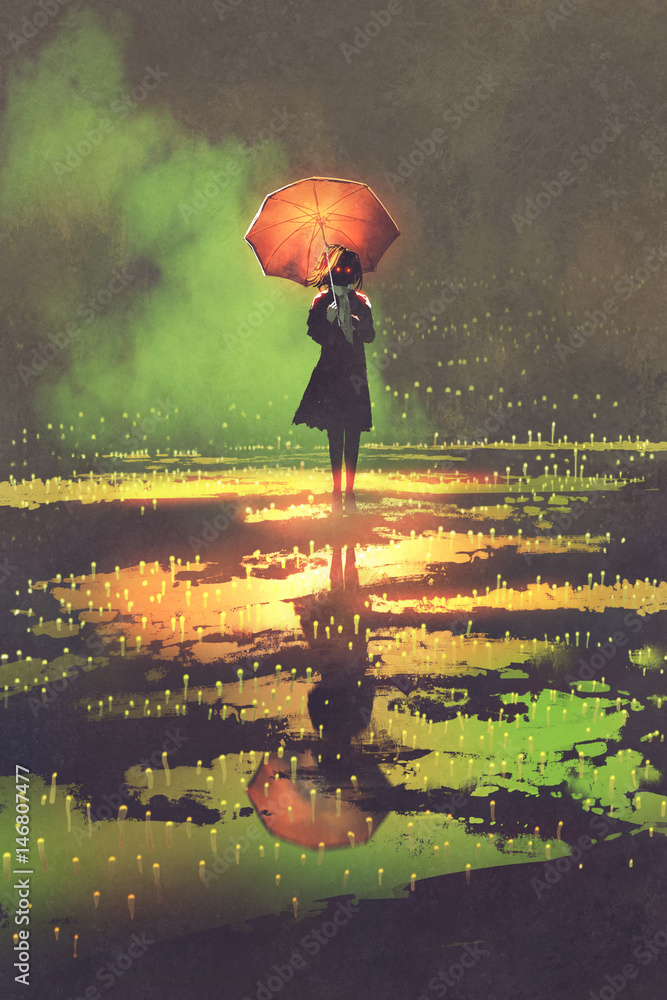 dark fantasy concept of mysterious woman holds umbrella standing in a puddle, illustration digital p