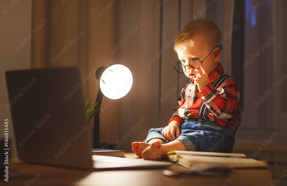 男婴在电脑上工作的概念