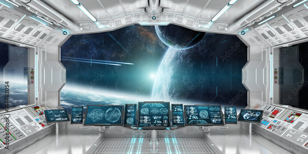 Spaceship interior with view on distant planets system 3D rendering elements of this image furnished