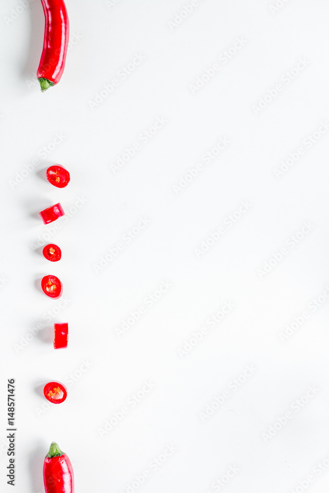 spicy food cooking with red chili white table background top view mock-up