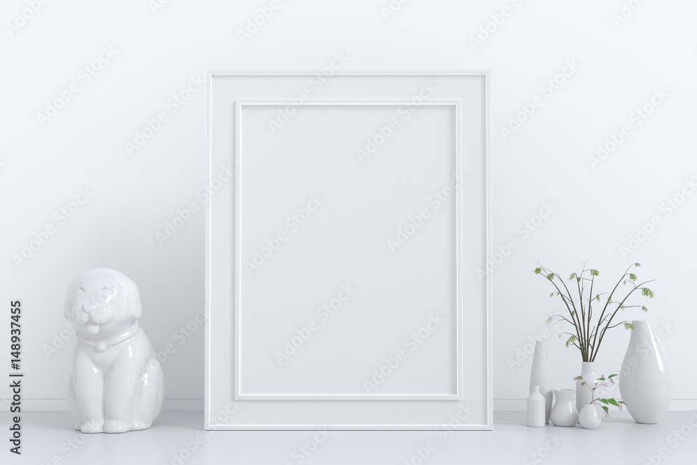 垂直框架海报模型，花瓶里有绿色植物，狗雕像白色灰泥墙背景。3d r