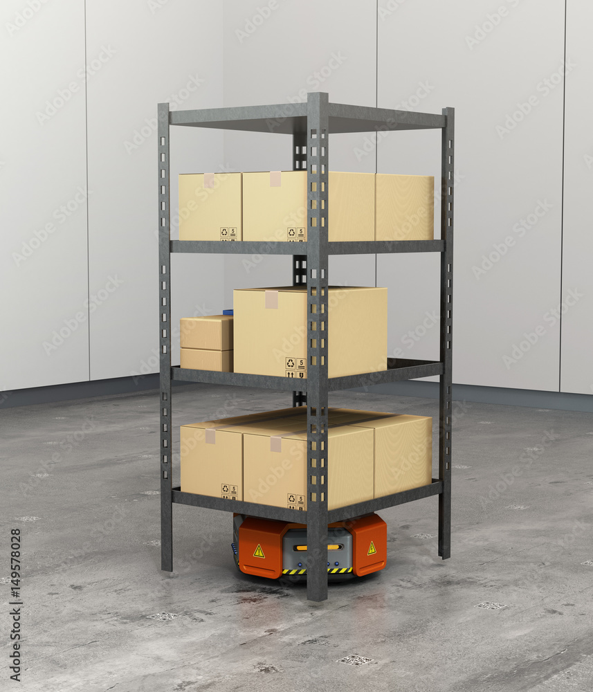 单个橙色机器人在现代仓库中搬运装有货物的托盘。3D渲染图像。