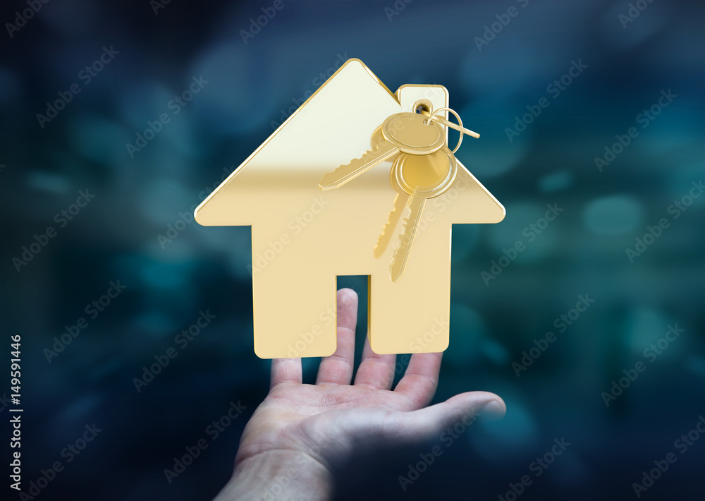 Businessman holding key with house keyring in his hand 3D rendering