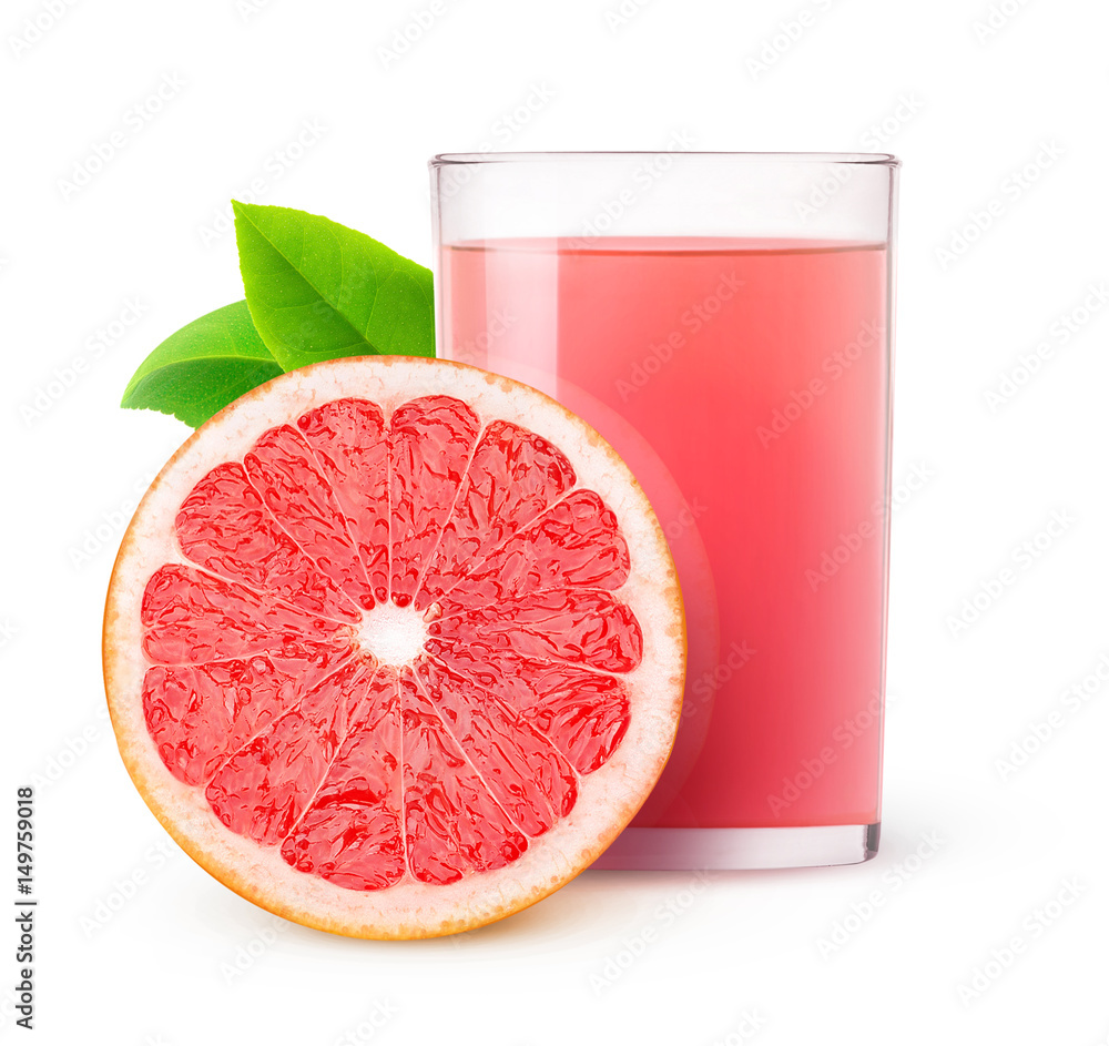 Isolated drink. Glass of pink grapefruit juice and one slice of fruit isolated on white background w