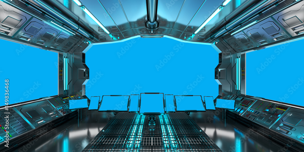 Spaceship interior with view on blue windows 3D rendering
