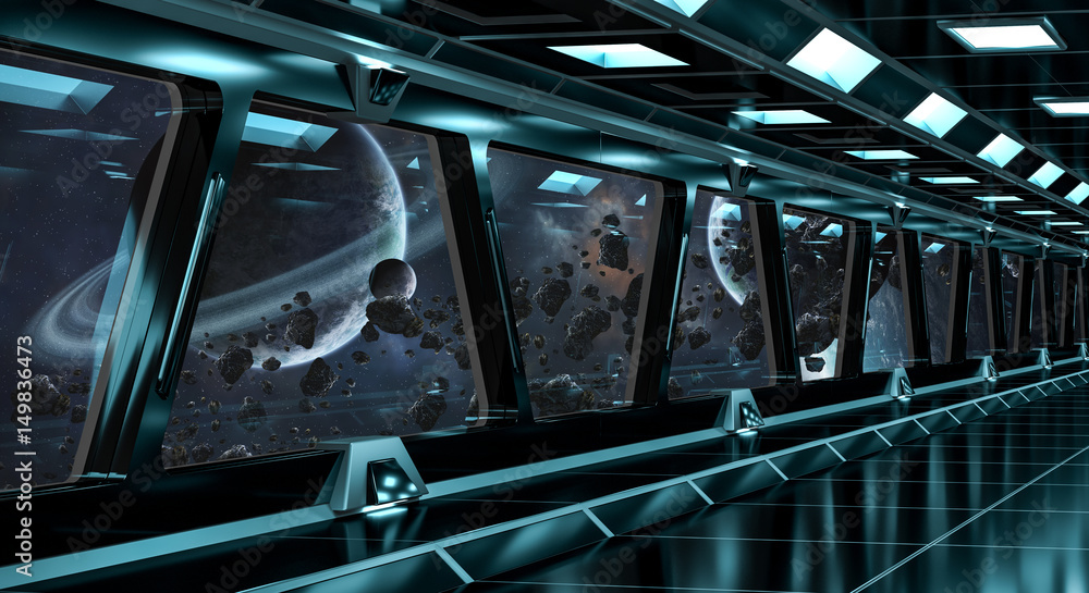 太空船走廊，可看到遥远的行星系统，提供该图像的3D渲染元素