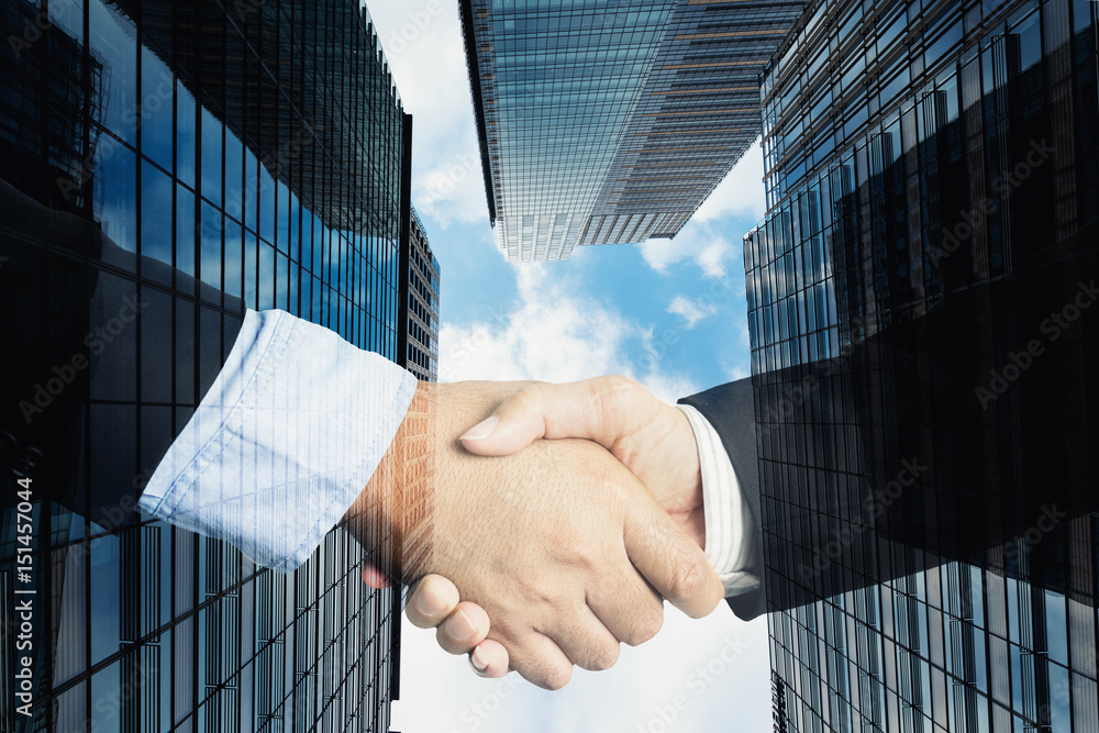 交易或协议业务概念、握手双重曝光、合作或合伙业务。