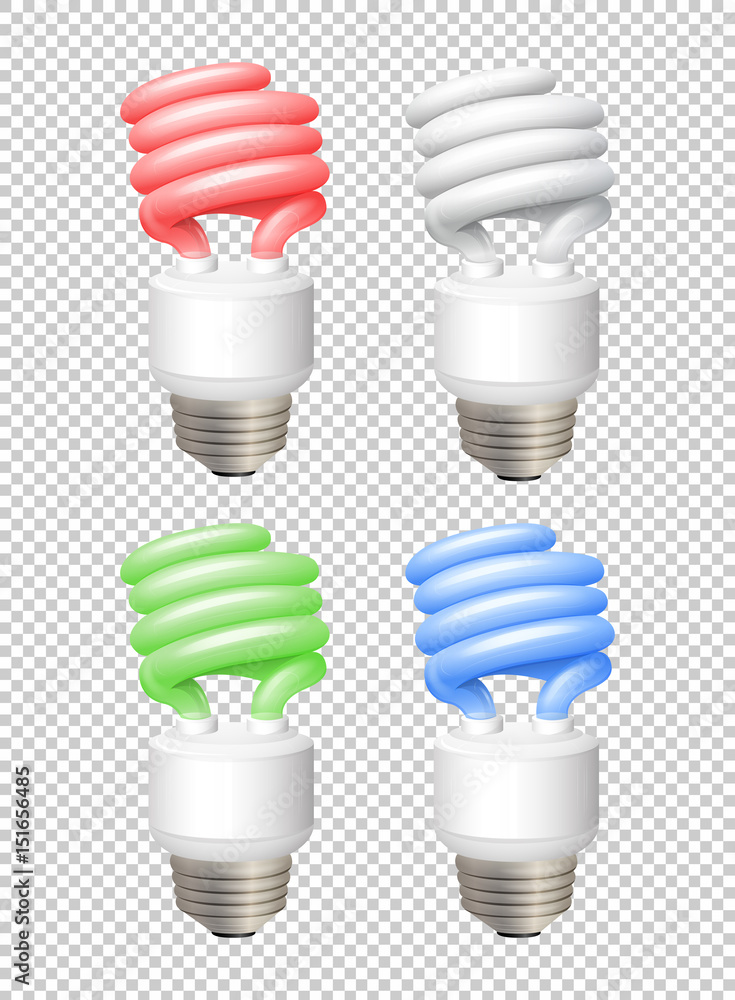 Different color lightbulbs on transparent background