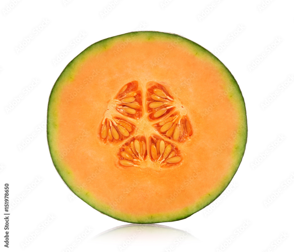 A half of cantaloupe melon isolated on white background.