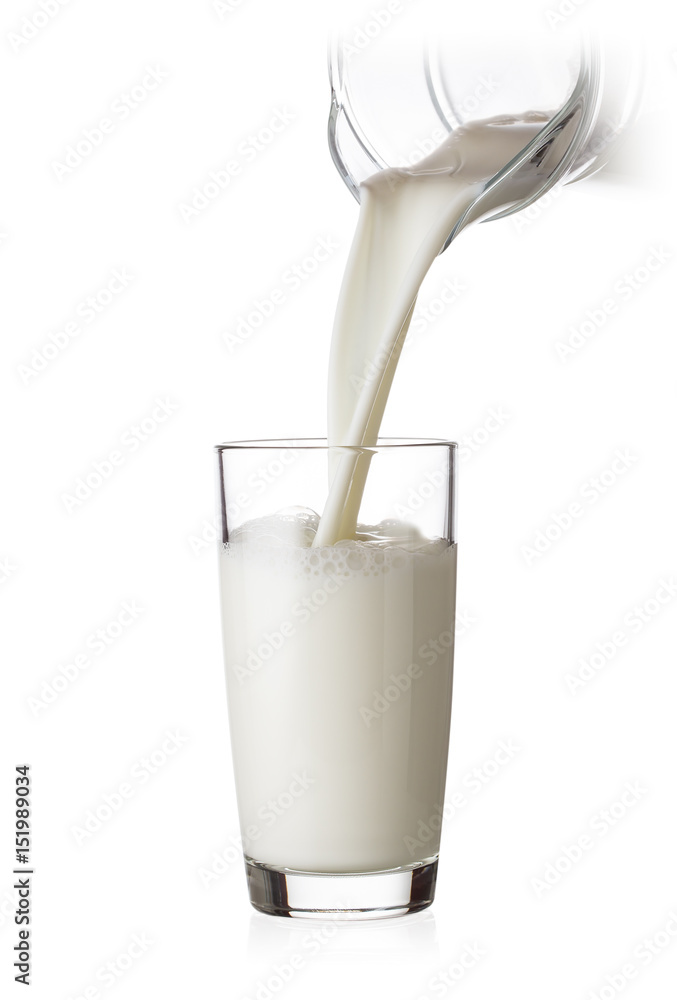 牛奶从玻璃罐倒入玻璃杯