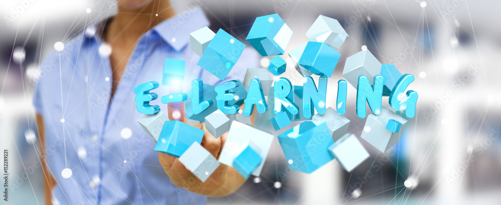 Woman touching floating 3D render e-learning presentation with cube