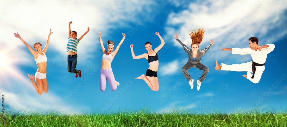 男女在白色背景上跳跃的合成图像