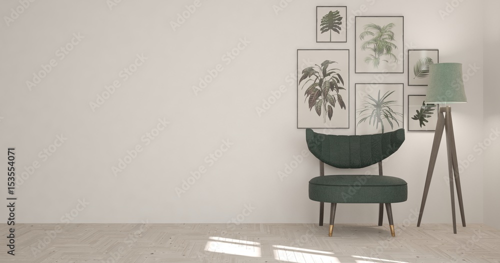 带扶手椅的白色现代房间。斯堪的纳维亚室内设计。3D插图