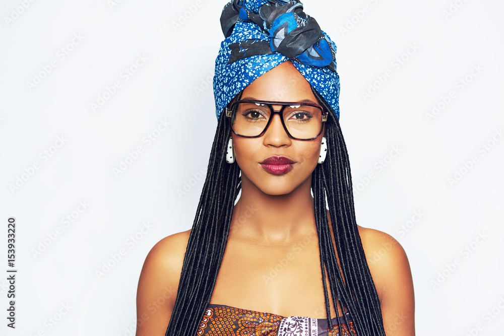Young black woman in trendy blue headscarf