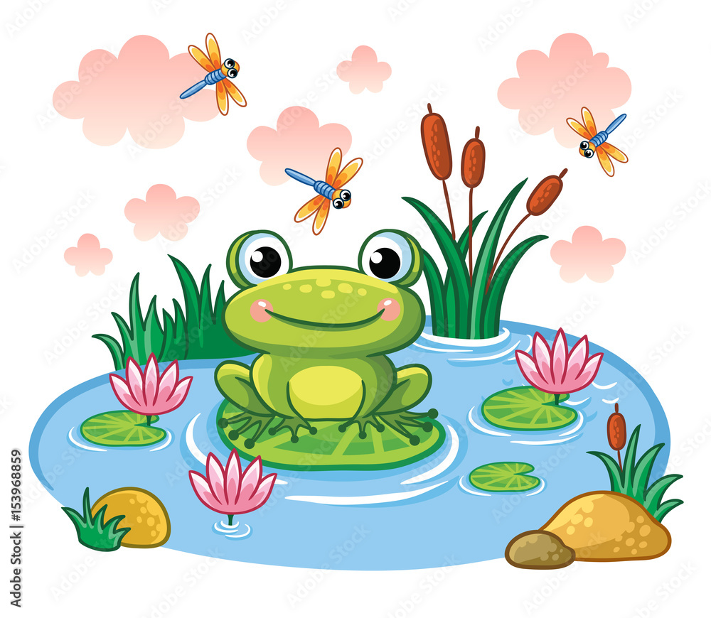 The frog sits on a leaf in the pond. Vector illustration in childrens style. Lake with insects and a