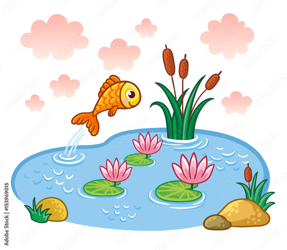 鱼跳进池塘。湖泊和鱼的矢量图。