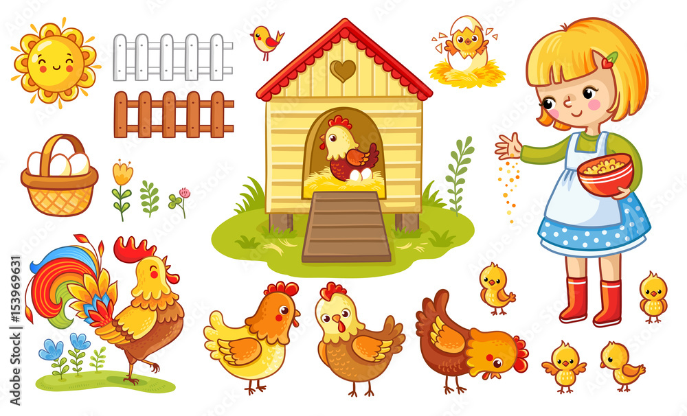 农场的鸡场景。矢量集有鸡和女孩。孩子喂母鸡和鸡。孩子