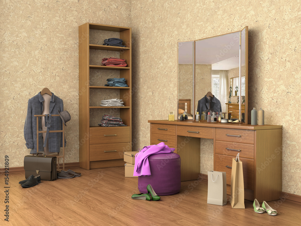 room with console mirror, boxes and shoes, shelves, 3d illustration