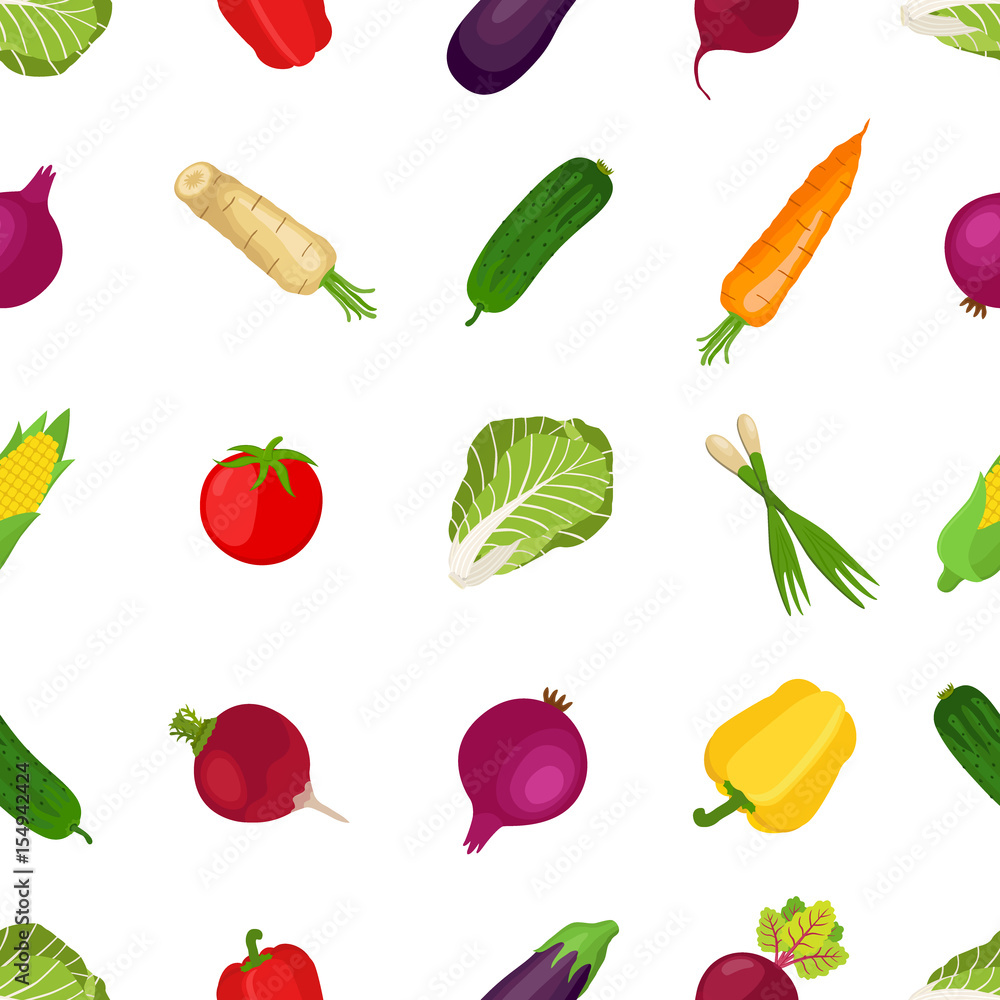 健康蔬菜、农产品的无缝图案。卡通扁平风格