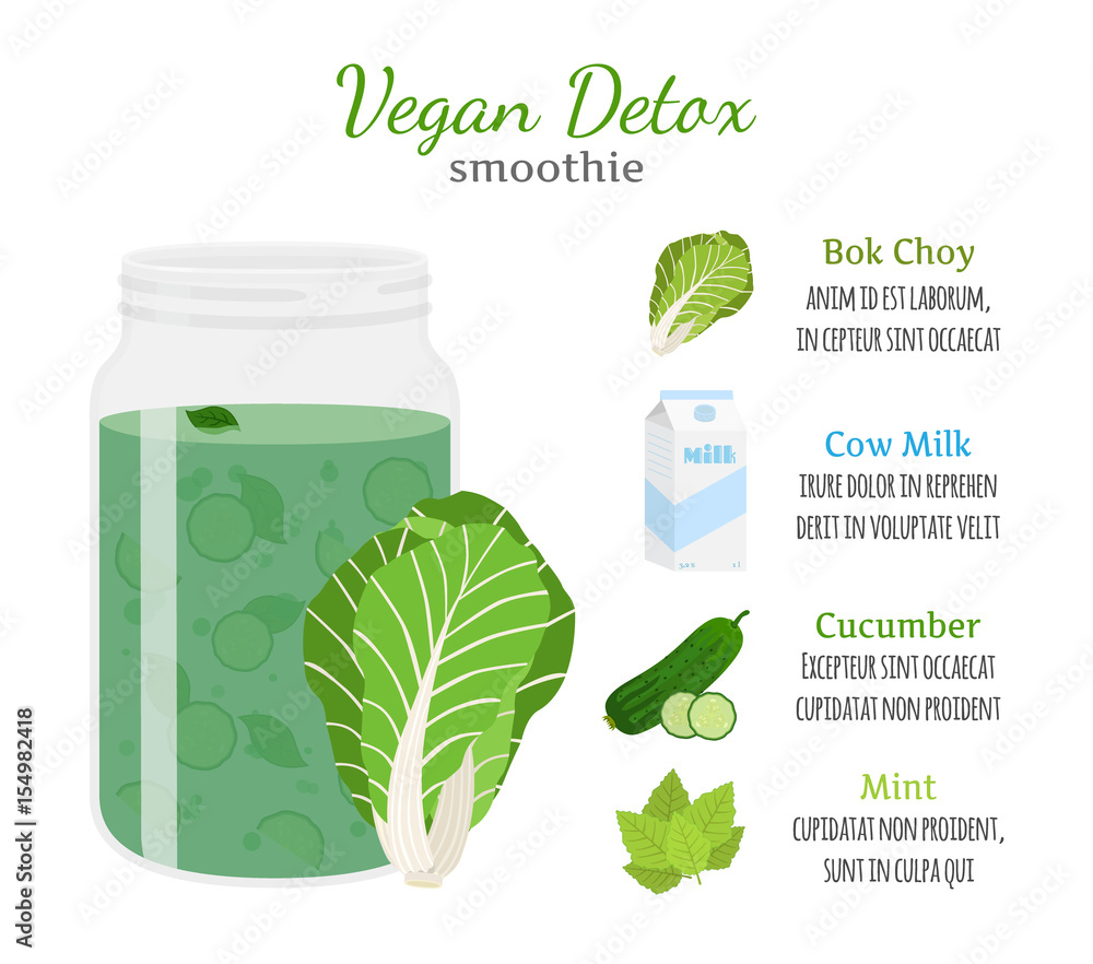 Vegan detox smoothie, organic recipe, fresh vegetarian ingredients. Flat style