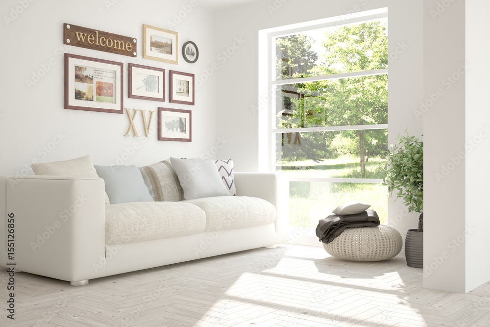 白色房间，带沙发，窗户有绿色景观。斯堪的纳维亚室内设计。3D插图