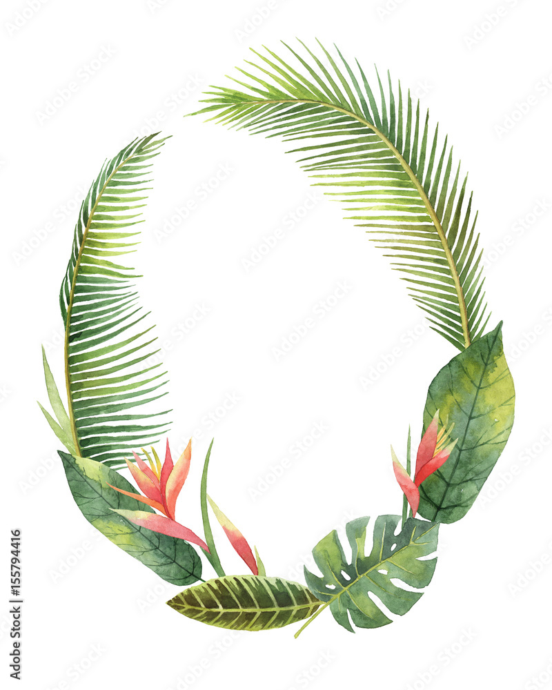 Watercolor wreath exotic flowers and leaves isolated on white background.