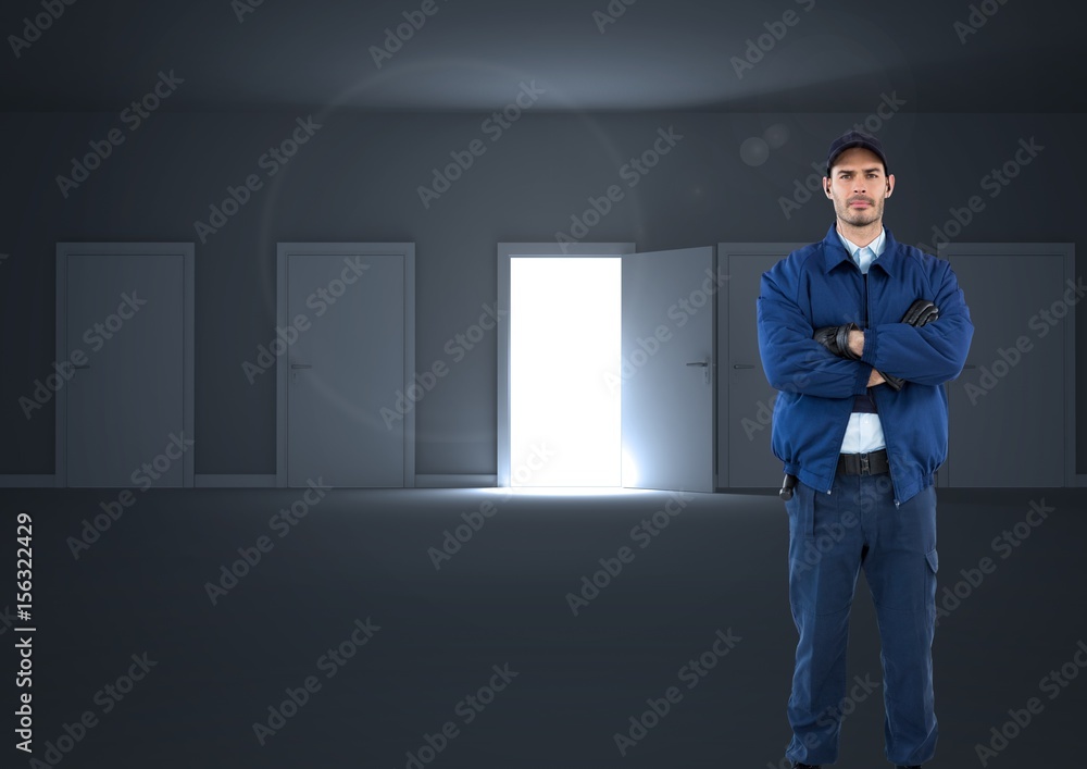 security guard hand folded. Doors background