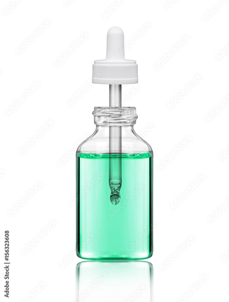 Cosmetic bottle with pipette on white background