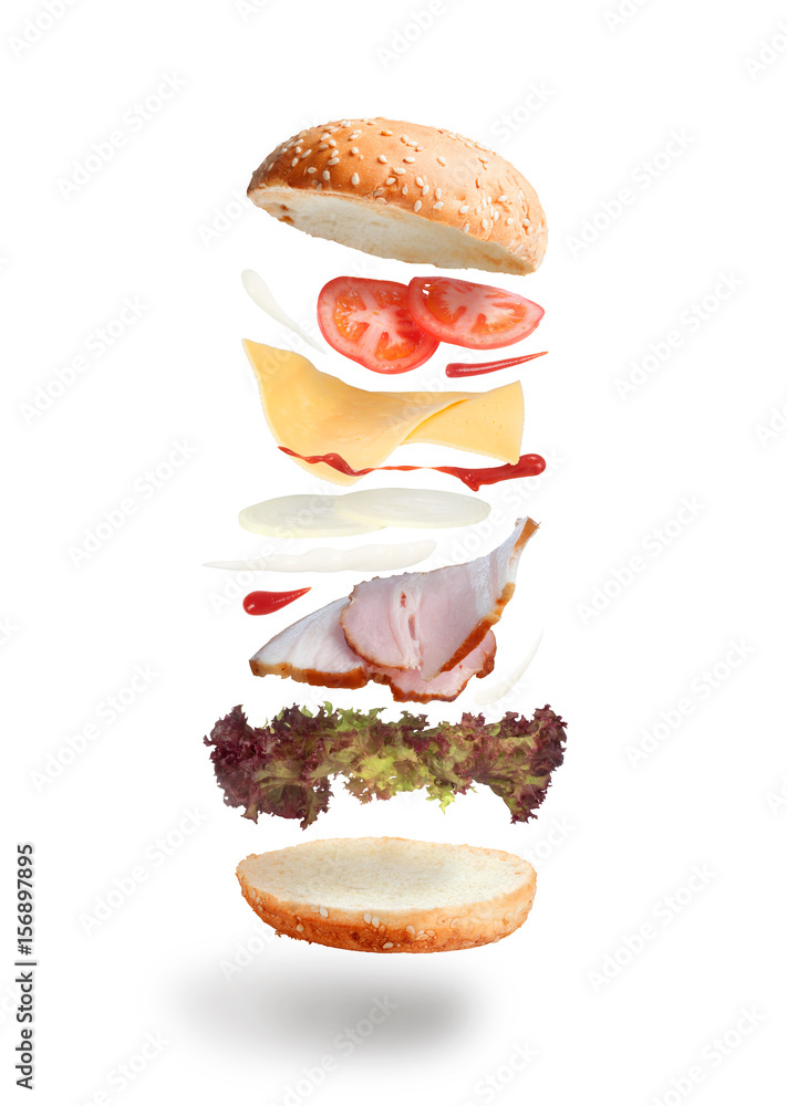 白色背景下隔离的浮动汉堡