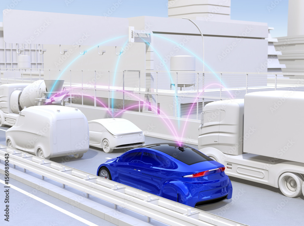 Cars sharing traffic information by connected car function. 3D rendering image.