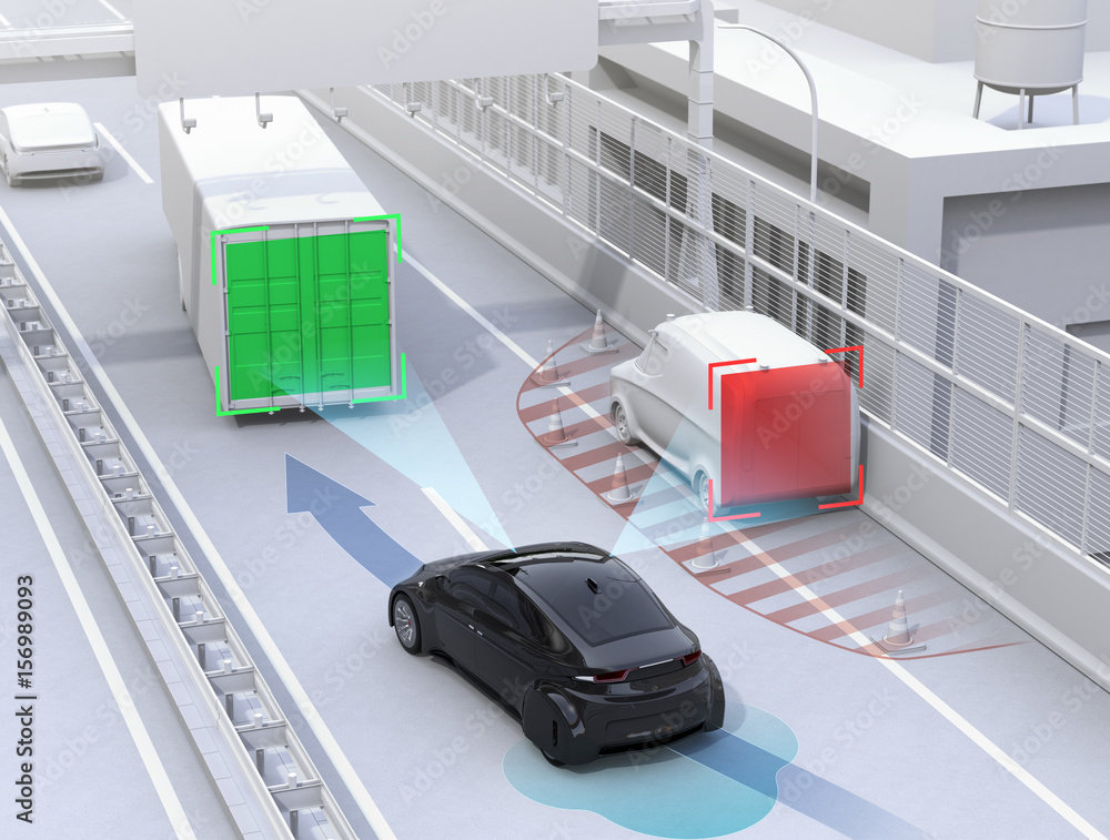Autonomous car changing lane quickly to avoid a traffic accident. Concept for driver assistance syst