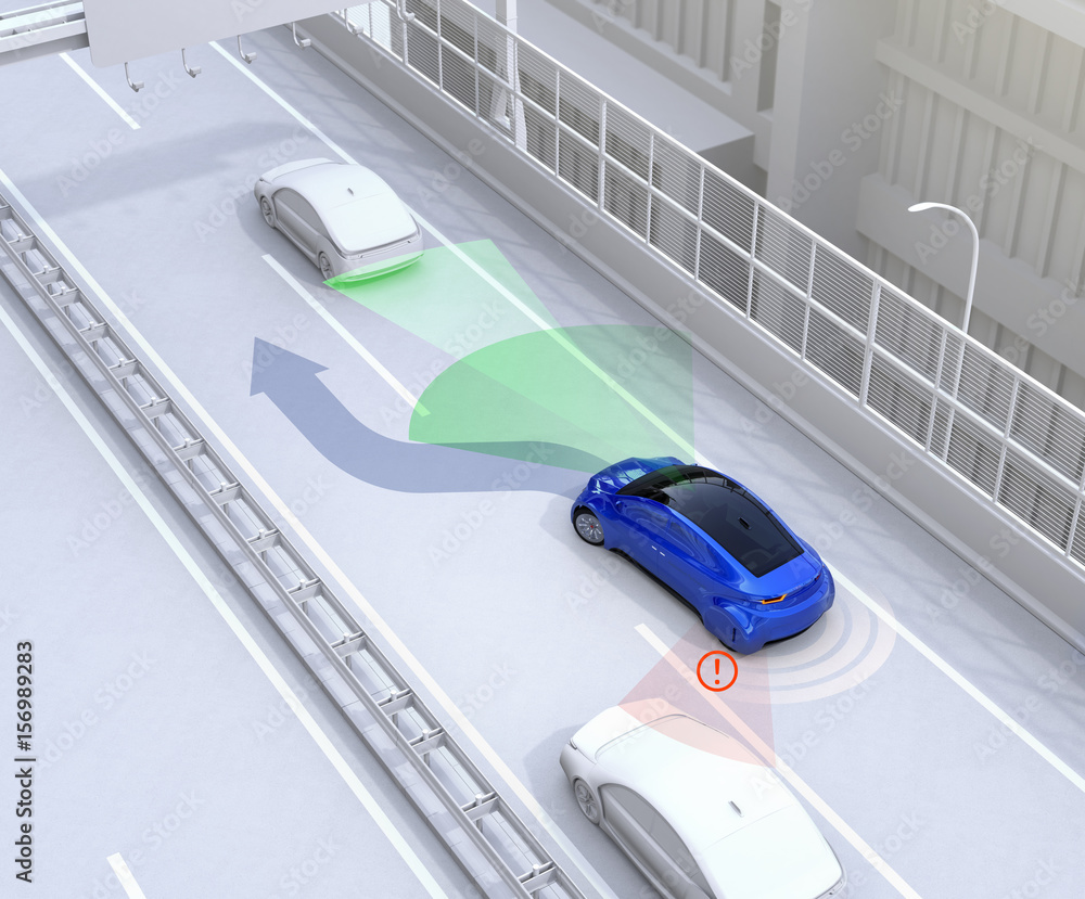 Side view assist system avoid car accident when changing lane. Concept for driver assistance systems