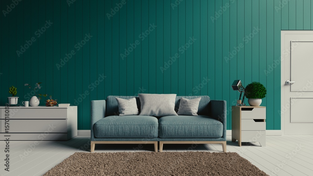 客厅和软沙发的现代内饰，深色，3d渲染