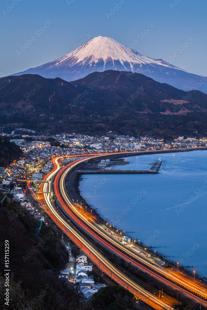 Winter Mt. Fuji with Long exposure of Tomei expressway at Suruga Bay , Shimizu Town , Shizuoka prefe